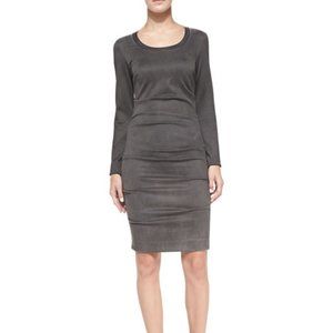 Nichole Miller Artelier Gray Long-sleeve Ruched Faux-Suede Leather Sheath Dress